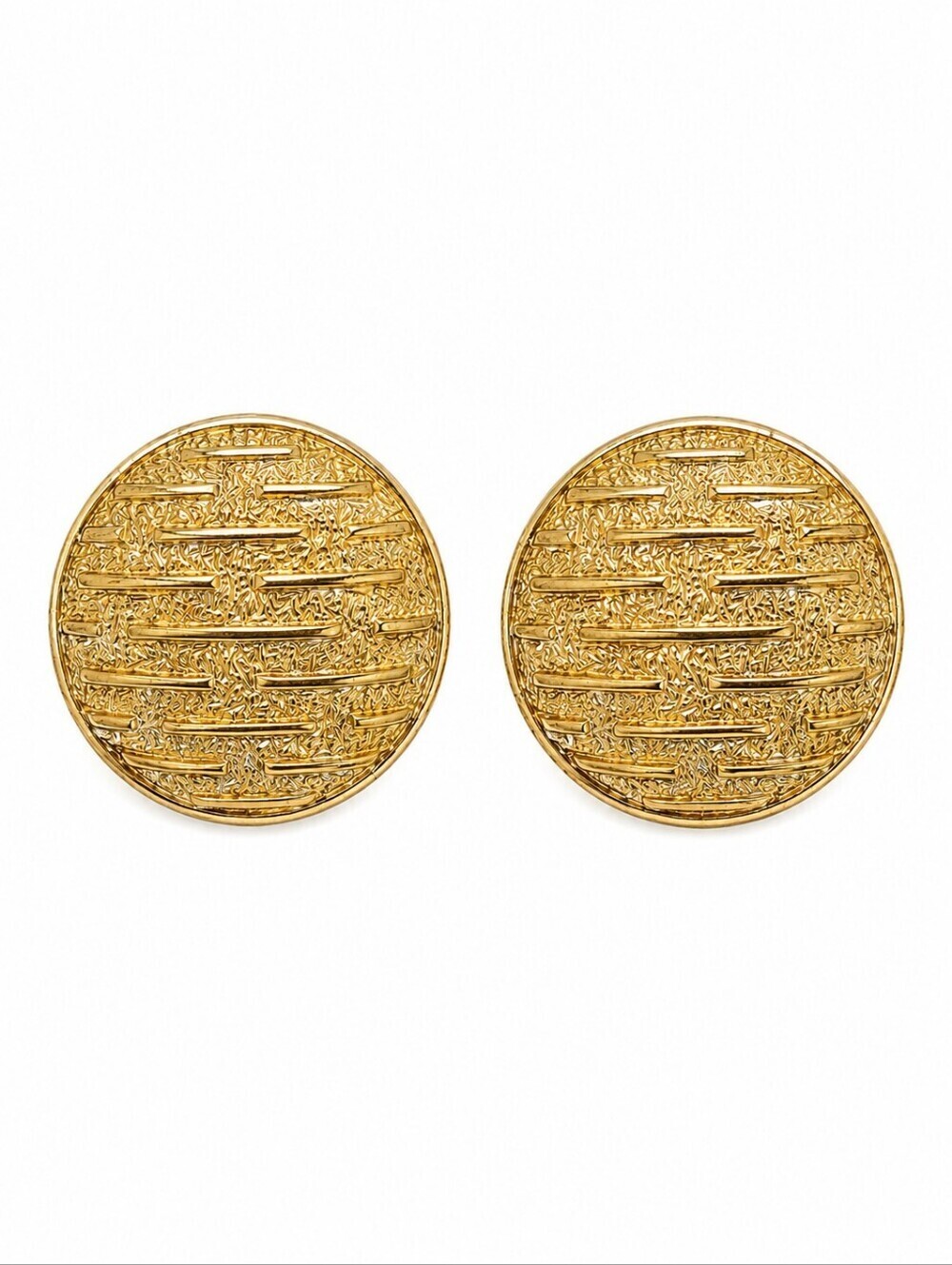 VTG CROWN TRIFARI Atomic Goldtone Round Coin Textured Clip-on Earrings